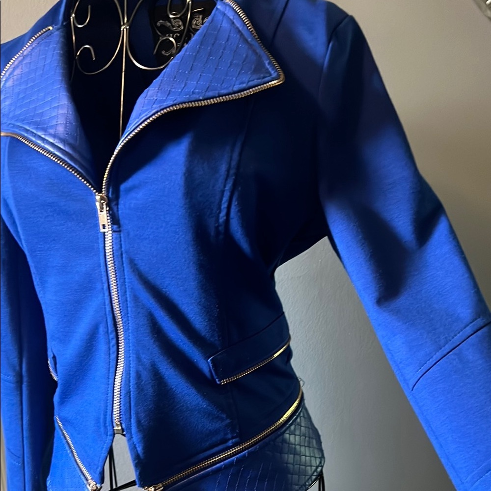 Cute Vintage Biker Retro Bold Blue Blazer with High Collar Slim Fit Faux Leather - Picture 4 of 16